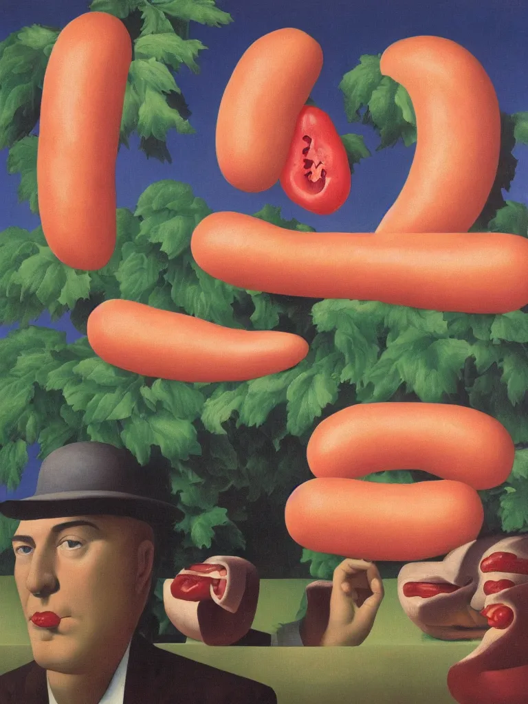 Prompt: Rene Magritte's Son Of Man painting with a floating pink hotdog blocking the face, the hotdogs all have faces, the hotdog has a stem and leaves and is growing more unripe hotdogs on the hotdog vine