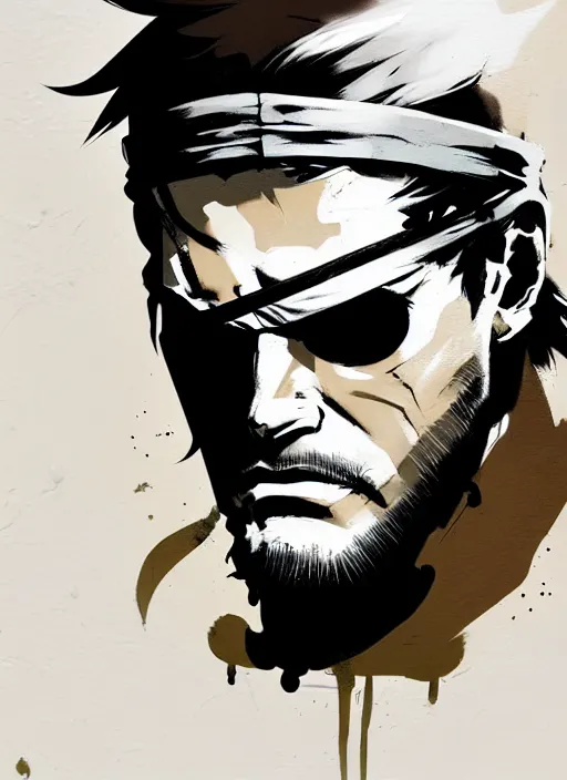 Image similar to highly detailed closeup of a moody solid snake mgs 1 with eyepatch and headband by atey ghailan, by greg rutkowski, by greg tocchini, by james gilleard, by joe fenton, by kaethe butcher, by yoji shinkawa, gradient blue, black, brown and white color scheme muted tones, grunge aesthetic!!! white graffiti tag wall background