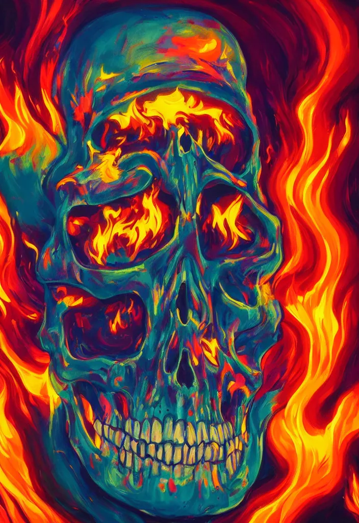 Prompt: a psychedelic wide shot smiling skull with fire flame, amazing abstract painting, paint splash, simon stalenhag, artgerm