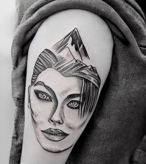 Image similar to mash up tattoo design sketch of margot robbie and beautiful mountain scenery, in the style of arlo dicristina, surrealist, amazing detail, sharp