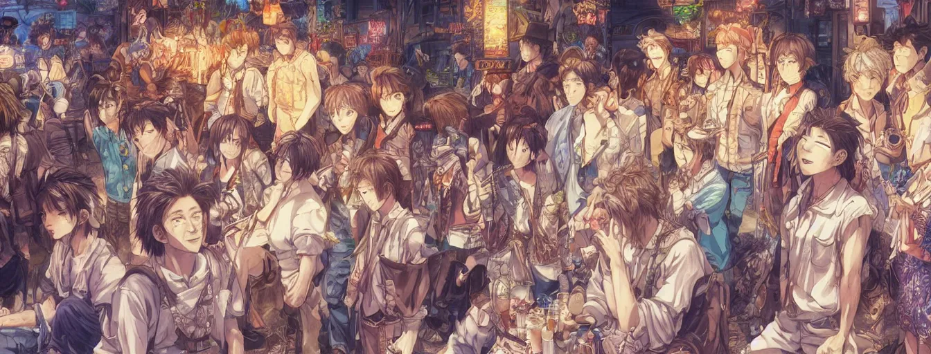 Image similar to it's all meaningless. hyperrealistic anime background illustration by kim jung gi, colorful, extremely detailed faces, intricate linework, smooth, super sharp focus, bright colors, high contrast, matte, octopath traveler, studio ghibli, unreal engine 5 highly rendered, global illumination, radiant light