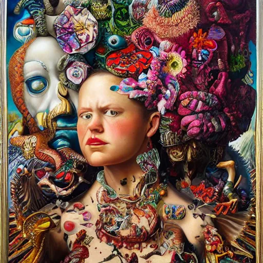 Prompt: Cinematic extremely surrealist artwork | Insanely detailed, hyperrealistic, meaningful, psychological artwork by heidi taillefer and patricio clarey | hypermaximalist but polished and clean