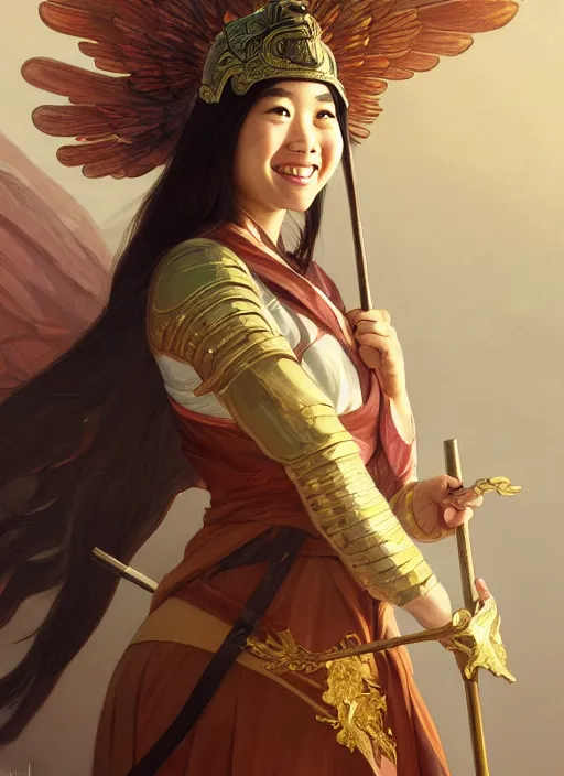 Prompt: Close-up portrait of smiling young asian woman wearing a winged helmet and a robe, holding a magic staff, portrait, highly detailed, digital painting, artstation, concept art, sharp focus, illustration, art by artgerm and greg rutkowski and alphonse mucha