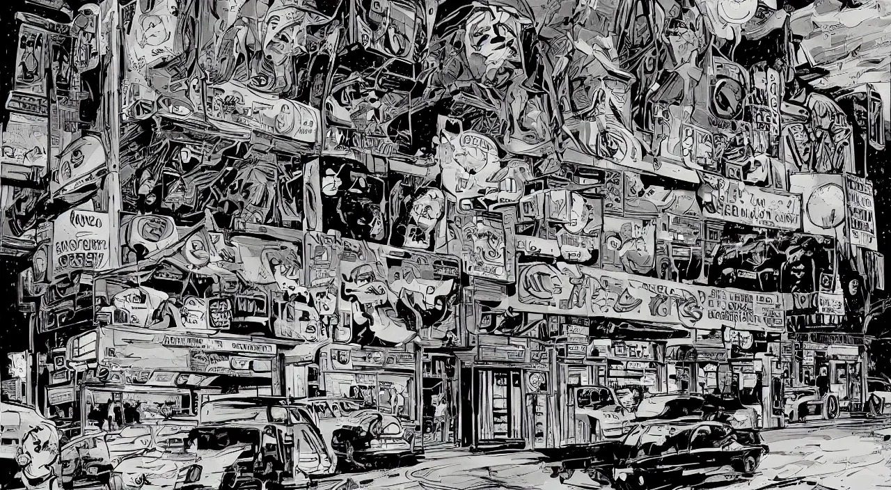 Prompt: convenience store roadside south west night sky stars beautiful artstation 4 k breathtaking graphic novel concept art illustration cartoon by jack kirby