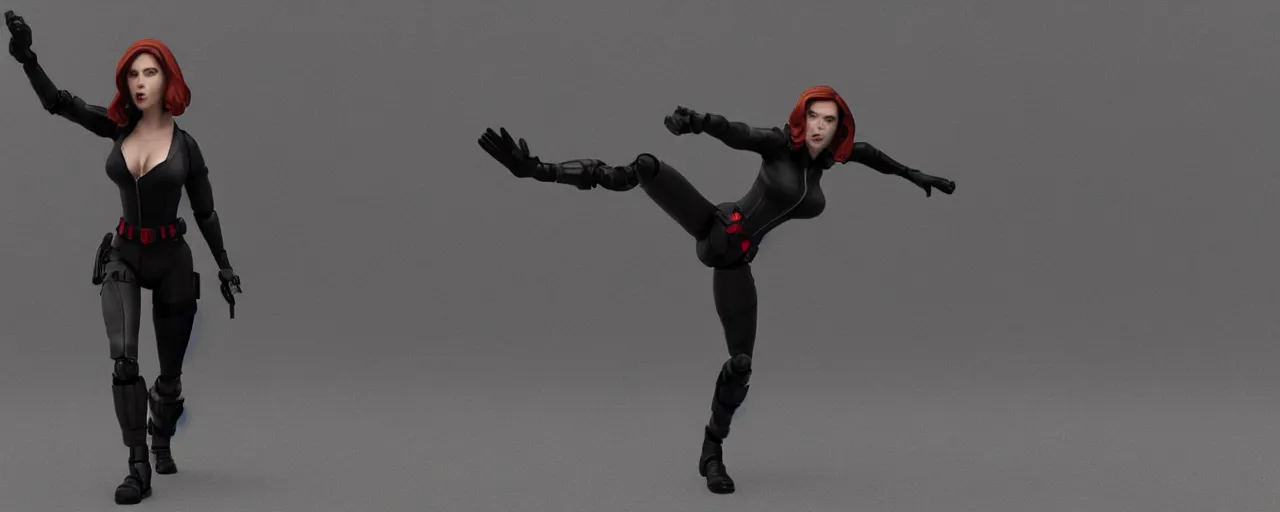 Image similar to action figure of Black Widow Scarlett Johansson in a dynamic pose, full subject in frame, cinematic, vray rendering, 3d occlusion