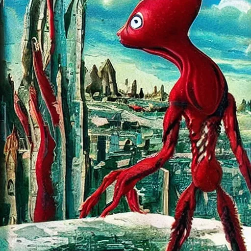 Prompt: A beautiful illustration of a strange, red alien creature looming over a green cityscape. The alien has several eyes and one mouth and its body is covered in scales. It seems to be coming towards the viewer, who is looking up at it in fear. By Max Ernst and Maciej Rebisz