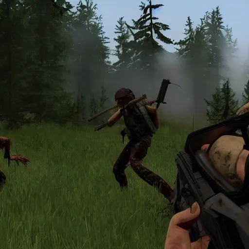 Image similar to survivors fending off a zombie attack in dayz, ultra realistic, hd