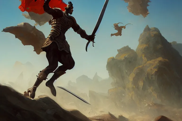 Prompt: a man with a sword charging sprint in an arena, organic painting, sunny day, matte painting, bold shapes, hard edges, street art, trending on artstation, by huang guangjian, gil elvgren, ruan jia, randy vargas, greg rutkowski