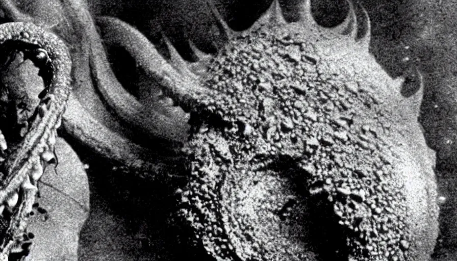 Prompt: big budget horror movie about a giant amoeba with sharp fangs and tentacles, attacking the biochemist that created it