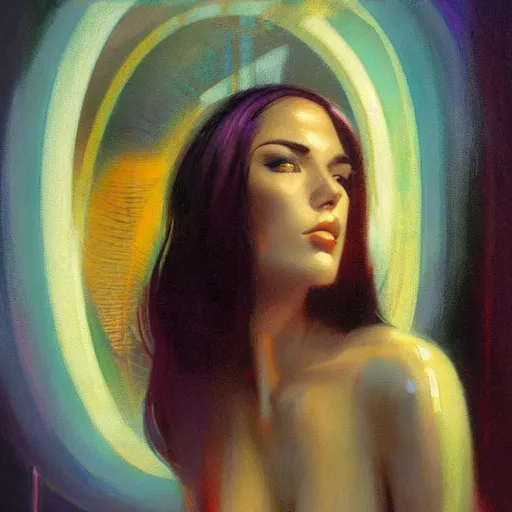 Prompt: detailed face of a woman, lush, opulent, enclosed, utopian, tech noir, wet reflections, prism, atmospheric, ambient, pj crook, syd mead, livia prima, artgerm, greg rutkowski, nick alm, casey baugh