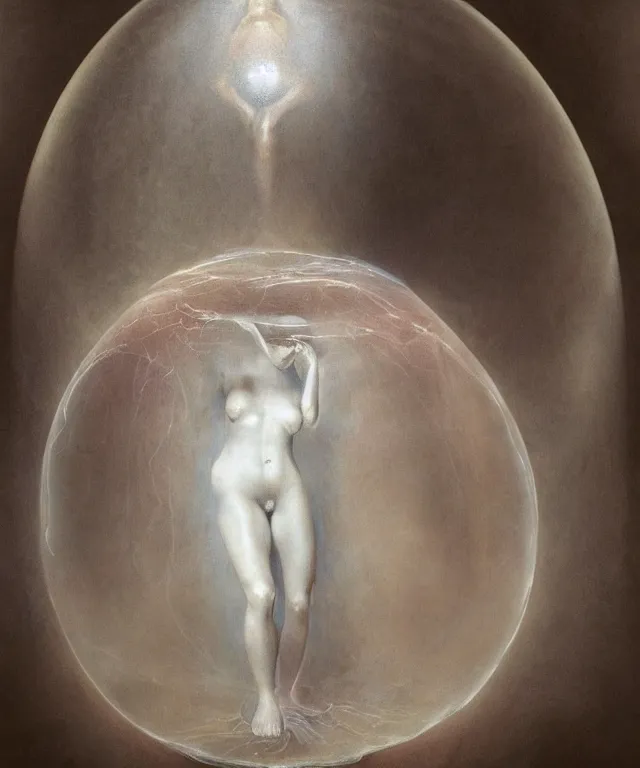 Image similar to Beautiful full-body wax sculpture of a glowing transparent woman inside egg with melted white wax inside the singularity where stars becoming baroque folds of dark matter by Michelangelo da Caravaggio, Nicola Samori, William Blake, Alex Grey and Beksinski, dramatic volumetric lighting, highly detailed oil painting, 8k, masterpiece