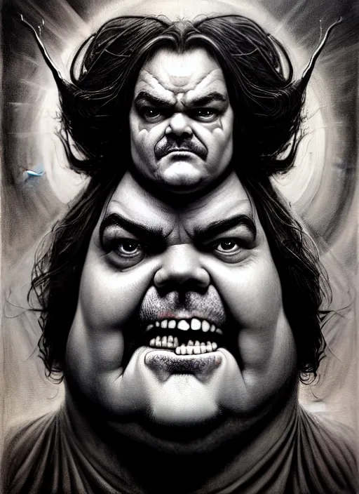 Image similar to a dream portrait jack black as god of the death, black & white, melting, webbing, 8 k, by tristan eaton, stanley artgerm, tom bagshaw, greg rutkowski, carne griffiths, ayami kojima, beksinski, giger, trending on deviantart, face enhance, hyper detailed, minimalist, horror, alien