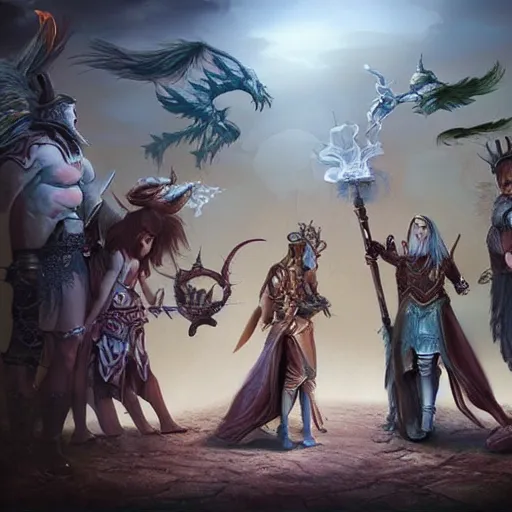 Image similar to hyperrealistic illustration of a party of fantasy warriors and sorcerers, concept art, cinematic, inspired by best fantasy artists