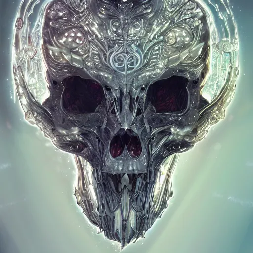 Prompt: ancient wolf's skull + astral magical energy + biopunk and atompunk style + bio cyborg + nanopunk technologies :: translucent, intricate detail, ivory rococo :: Crystal Lighting, Mystical, Hyperrealistic, 4K, Unreal Engine, Highly Detailed, digital painting