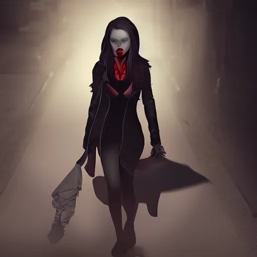Image similar to a female vampire walking home at night, trending on cgsociety, hard lighting, professional studio