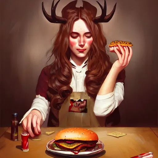 Prompt: Ted Bundy crying eating hamburger, dripping BBQ Sauce, serving burgers, D&D, spilling ketchup, fantasy, intricate, elegant, highly detailed, digital painting, artstation, concept art, matte, sharp focus, illustration, hearthstone, art by Artgerm and Greg Rutkowski and Alphonse Mucha