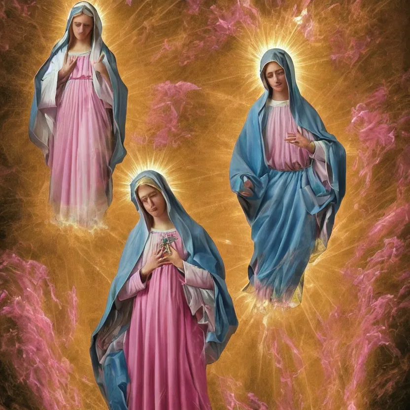 Image similar to virgin mary, our lady of lourdes, blessed mother in front of a pink waterfall with ribbons and angels in clouds. highly detailed digital art. beautiful lighting. trending on artstation.