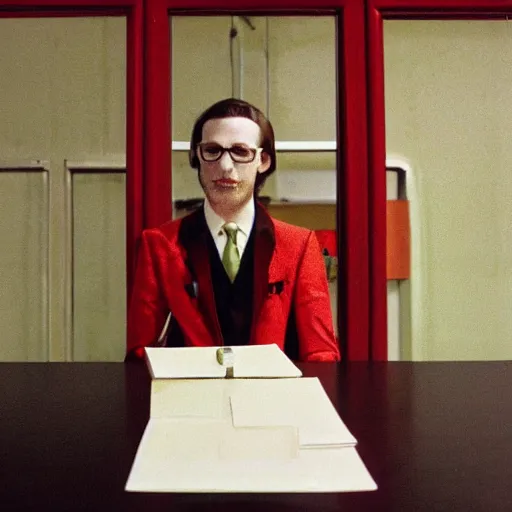 Prompt: portrait front view of a man in a red suit sitting at a desk, glasses, pale skin, black hair, creepy atmosphere, background 1970s office, photograph by Wes Anderson, Kodak Ektra 22, depth of field