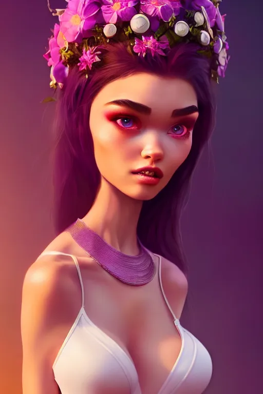 Image similar to pixar woman madison beer rave girl | soft creamy polished decadent vixen floral ornate masterpiece | weta disney movie still portrait photo | sci fi, fantasy, film, 8 k, highly detailed, artstation, realism | beeple, artgerm, mucha, wlop, loish |