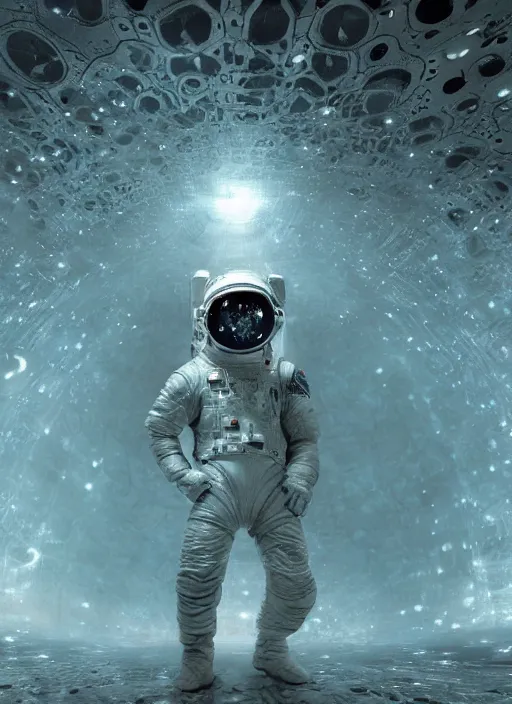 Image similar to concept art by craig mullins infrared complex and hyperdetailed technical astronaut dancing in futuristic dark and empty mirrored room underwater. reflection and dispersion materials. mandelbulb fractal. rays and dispersion of light. volumetric light. 5 0 mm, f / 3 2. noise film photo. flash photography. unreal engine 4, octane render. interstellar movie art