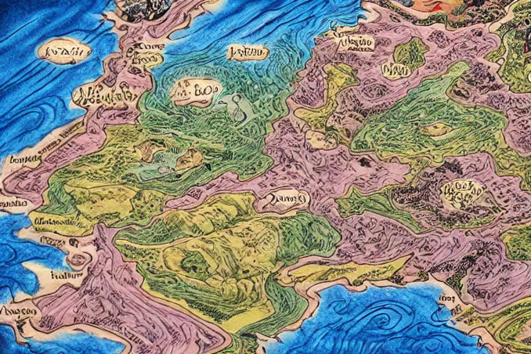 Image similar to A labeled,3d rendered map of a heavenly realm including regional borders, intricately detailed, full color, drawn by junji ito