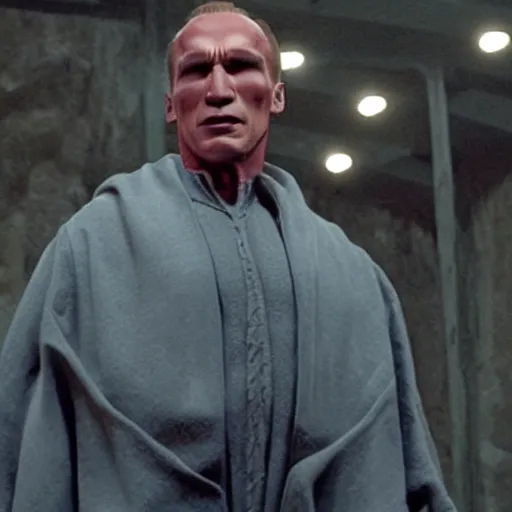 Image similar to A still of Arnold Schwarzenegger as Voldemort from Harry Potter