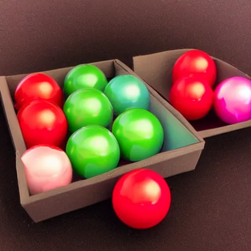 Prompt: satin spheres on a red cube