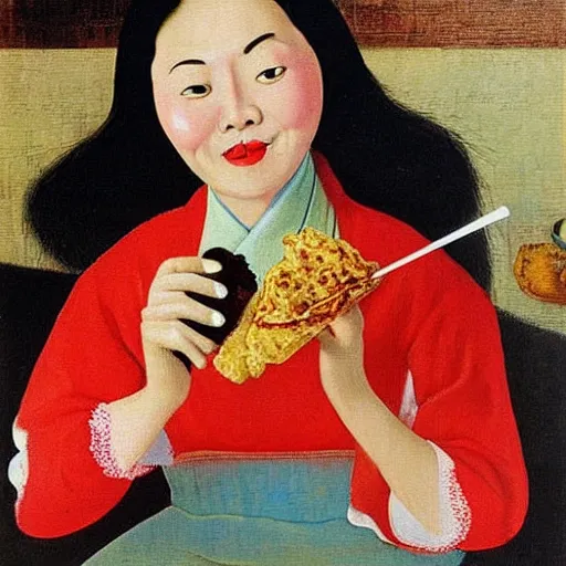 Prompt: happy chinese woman eating icecream in a painting by max ernst