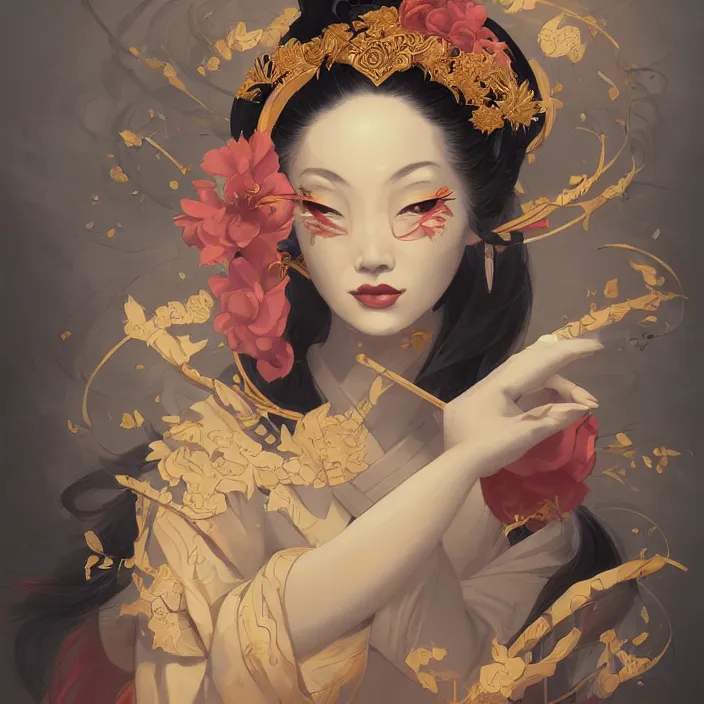 Image similar to asian geisha, by peter mohrbacher, intricate detail, artstation, artgerm, in the style of darkness fantasy, rococo, gold leaf art, rime lighting