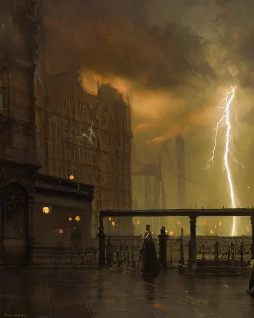 Prompt: a highly detailed epic cinematic concept art CG render digital painting artwork: Victorian London, lightning storm. By Greg Rutkowski, in the style of Francis Bacon and Syd Mead and Norman Rockwell and Beksinski, open ceiling, highly detailed, painted by Francis Bacon and Edward Hopper, painted by James Gilleard, surrealism, airbrush, Ilya Kuvshinov, WLOP, Stanley Artgerm, very coherent, triadic color scheme, art by Takato Yamamoto and James Jean