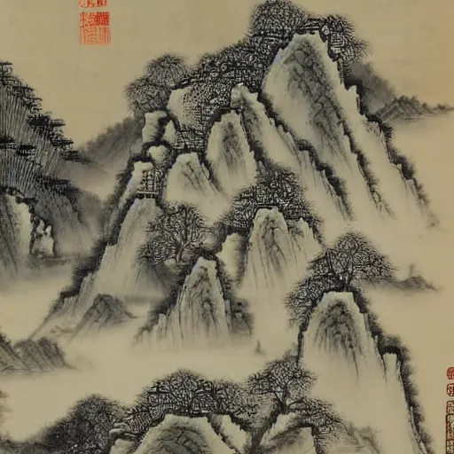 Prompt: a landscape chinese style ink drawing,zhang daqian