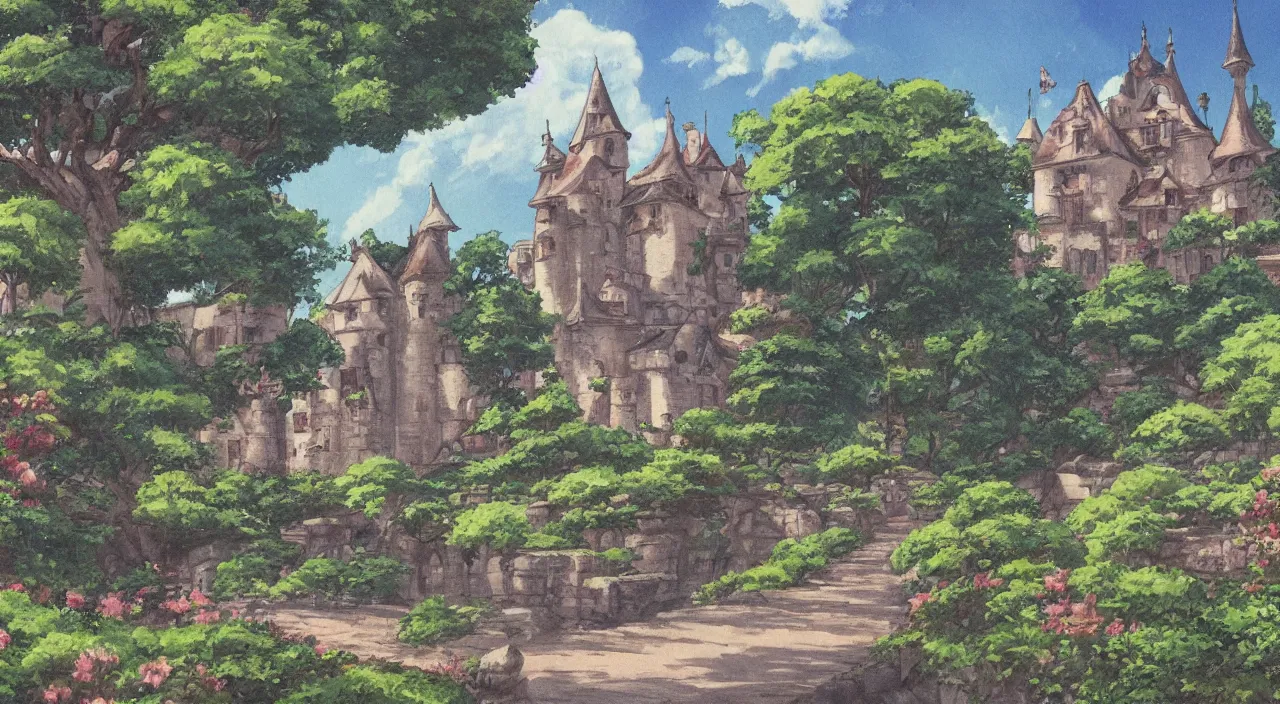 Image similar to a landscape painting of a French castle, with a garden, in the style of anime, by Studio Ghibli