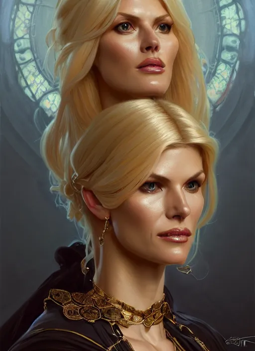 Prompt: portrait of victoria silvstedt as a lady, collar and leash, jewelry, greek, dark, intricate, headshot, highly detailed, digital painting, artstation, concept art, sharp focus, cinematic lighting, illustration, art by artgerm and greg rutkowski, alphonse mucha, cgsociety