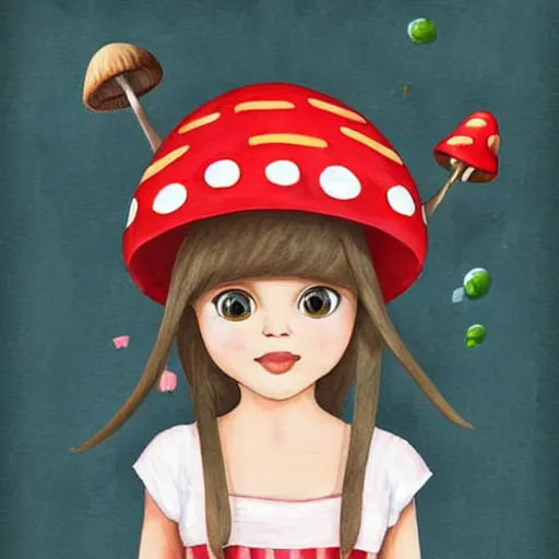 Image similar to little girl with a mushroom hat, cute artwork, clean detailed