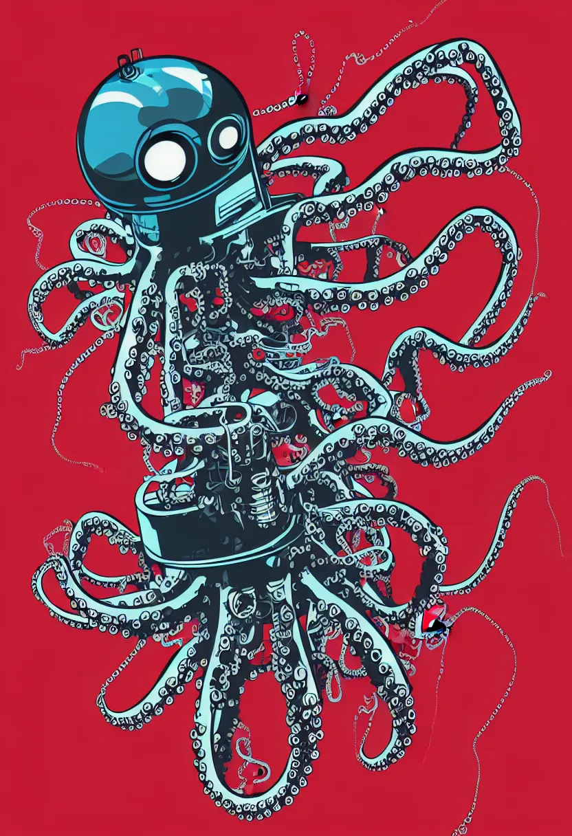 Prompt: concert poster for 'Grandpa Finger', dying robot octopus, vector art, 8k, highly detailed illustration
