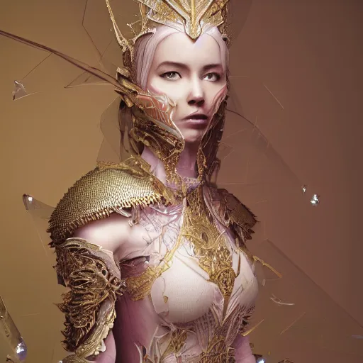 Image similar to a majestic woman wearing an intricate and detailed armor made of candy floss. layers. textures. delicate. elaborate. translucent. soft. ethereal. fragile. vulnerable. studio portrait. photorealistic. octane render