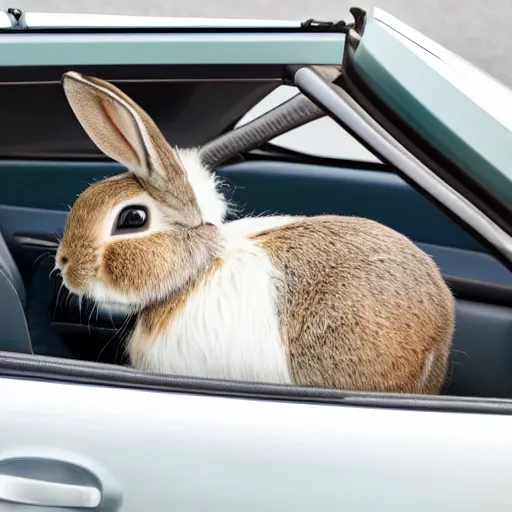 Image similar to a bunny driving a convertible, studio photo, high quality