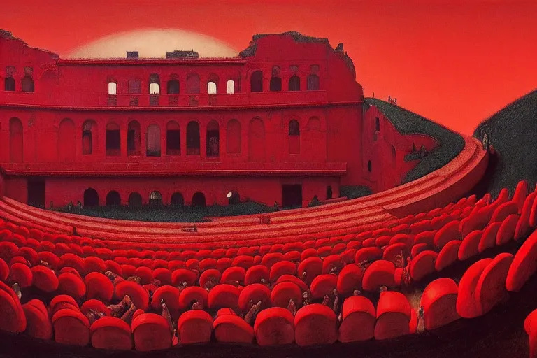 Image similar to only with red, a red melted emperor, taormina amphitheatre, crowd hails him, in the style of beksinski, parts by edward hopper, parts by rodcenko, parts by yue minjun, intricate and epic composition, red by caravaggio, insanely quality, highly detailed, masterpiece, red light, artstation, 4 k