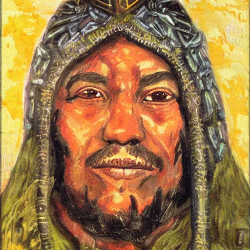 Image similar to Character portrait, face close up: Human Male Peace Domain Cleric. Peace will conquer all. In the style of Ernest Lawson