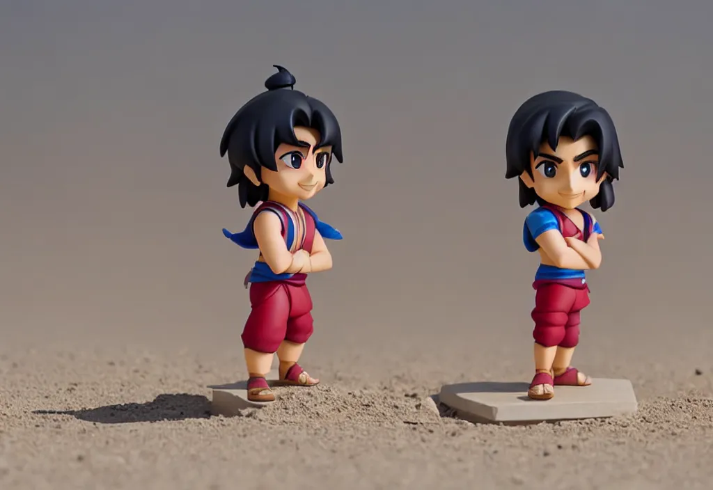 Image similar to side view of young aladdin as nendoroid running in desert village, 8 k hd dof, kodak film,