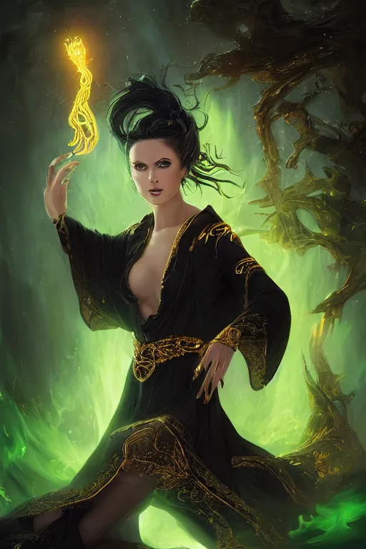 Prompt: a portrait of a youthful attractive girl sorceress wearing a black robe with gold embroidery, casting a spell, green glows, painted by artgerm and tom bagshaw, in the style of magic the gathering, highly detailed digital art