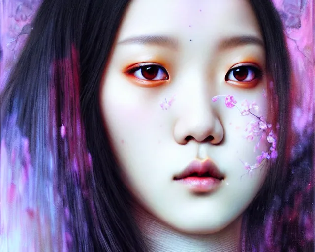 Prompt: jisoo from blackpink, portrait, tarot card, hyperrealistic, highly detailed, deep focus, intricate, elegant, digital painting, smooth, sharp focus, illustration, ultra realistic, 8 k, art by karol bak and agnes cecile