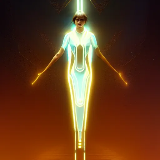 Image similar to tron legacy angel, diffuse lighting, hyper realistic, concept art, intricate, hyper detailed, smooth, sharp focus, illustration, trending on artstation, art by greg rutkowski and james gurney and alphonse mucha