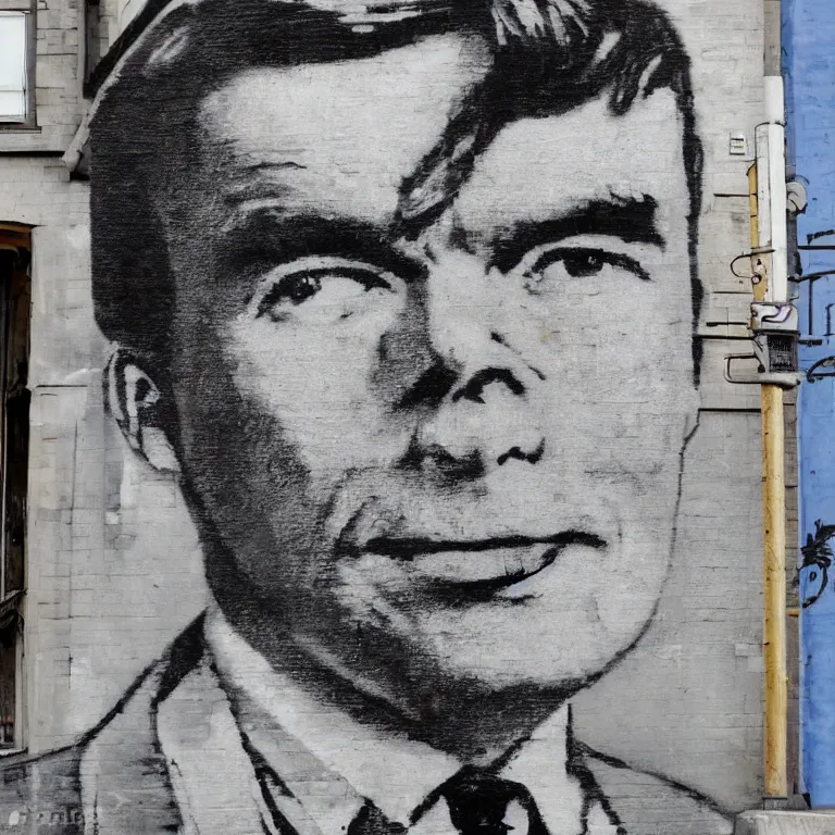 Prompt: Street-art portrait of Alan Turing in style of Banksy, photorealism