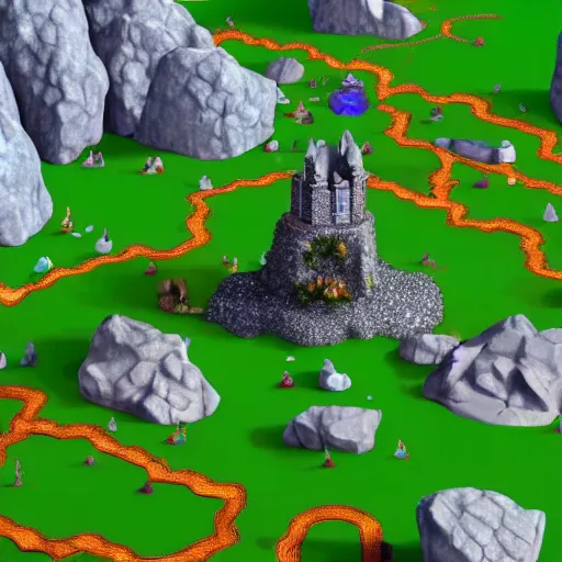 Image similar to a top down view of a town with a wizard tower in the center, a big rock with encrusted diamonds to the north, a big rock with encrusted emeralds to the south and a cave to the east, from a resource gathering game
