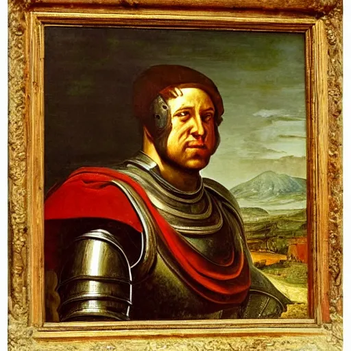 Image similar to a realistic painting by Raffaello Sanzi depicting the knight in shining armor with the head of the Blob in the Renaissance.