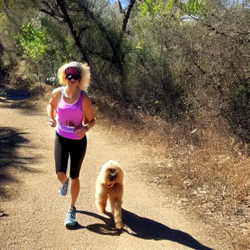 Prompt: golden doodle running in topanga canyon