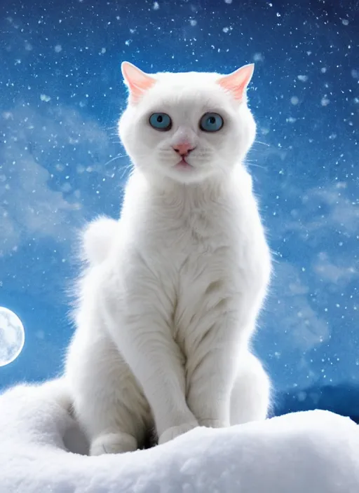 Prompt: giant little baby white cat on a snowy mountain with lightning coming out of its paws, blue sky background with moon