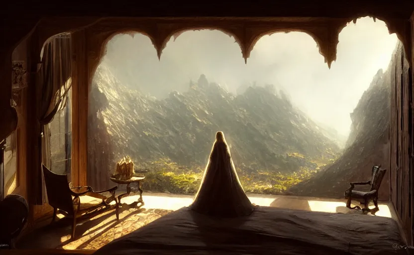 Image similar to painting of a series of a ring of bedrooms carved inside a mountain viewed from courtyard below, cozy bed, well maintained, clean, medieval, fantasy genre, natural light, fantasy, natural light, sharp focus, concept art, by greg rutkowski and craig mullins, cozy atmospheric and cinematic lighting, trending on artstation