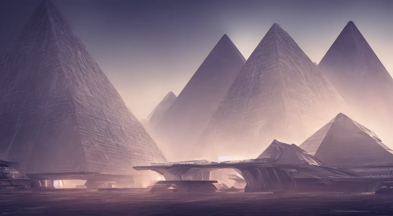 Prompt: ancient megastructure pyramid, tectonic parametrics by syd mead, photorealistic, zaha hadid, god rays, volumetric lighting, detailed, extremely intricate, raytrace, octane, light fog, neon, bladerunner